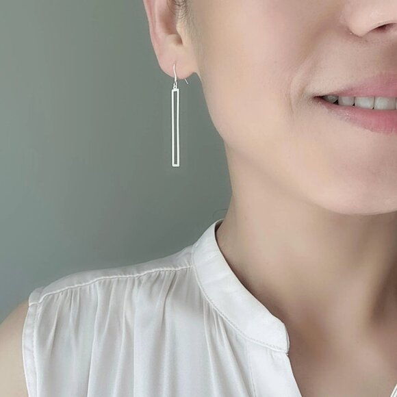 Silver Plated Rectangle Earrings Geometric Earrings - Picture 1 of 2
